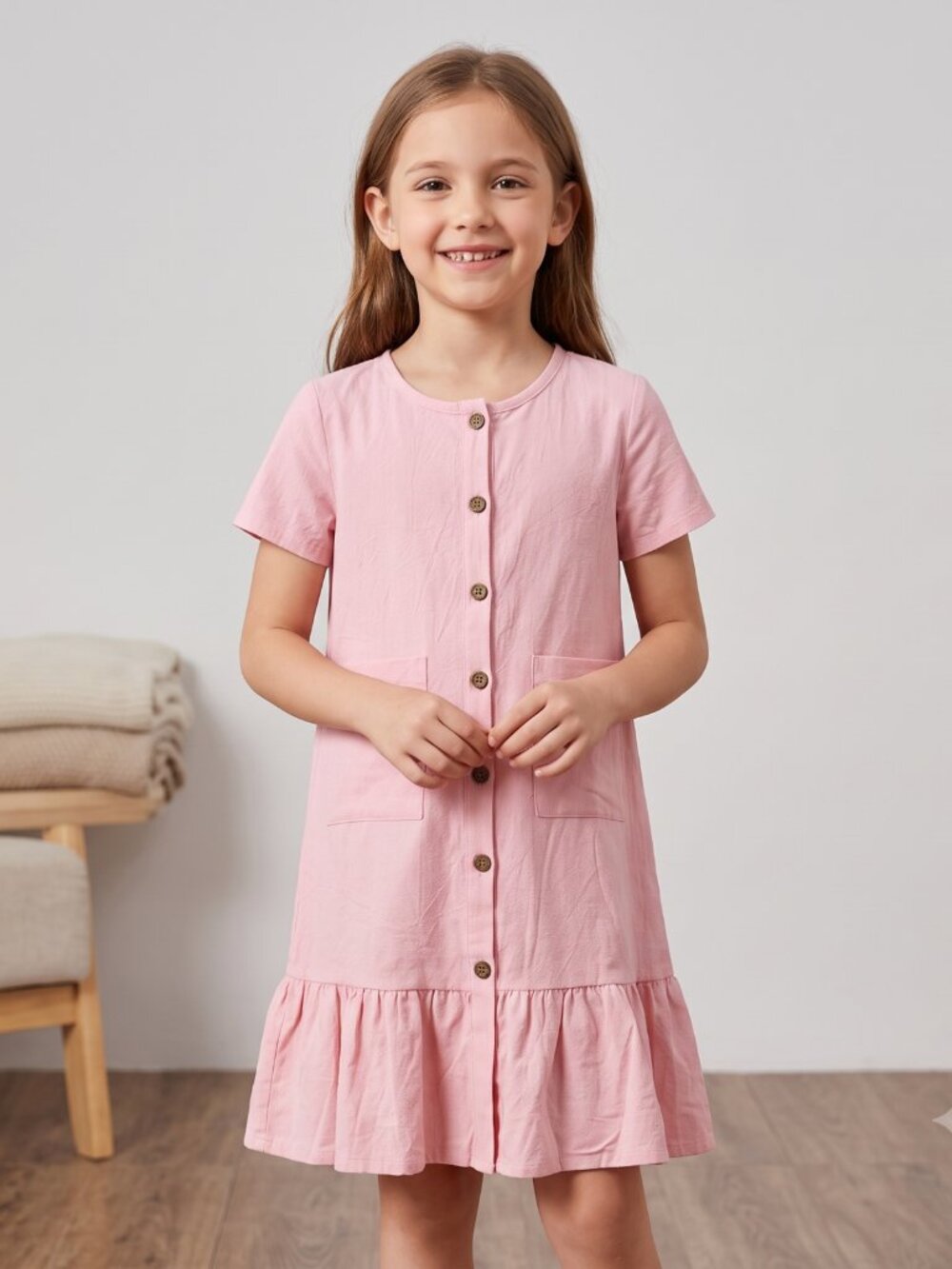 NWT Girl’s Pink Button-Up Dress with Pockets – Size 8-9